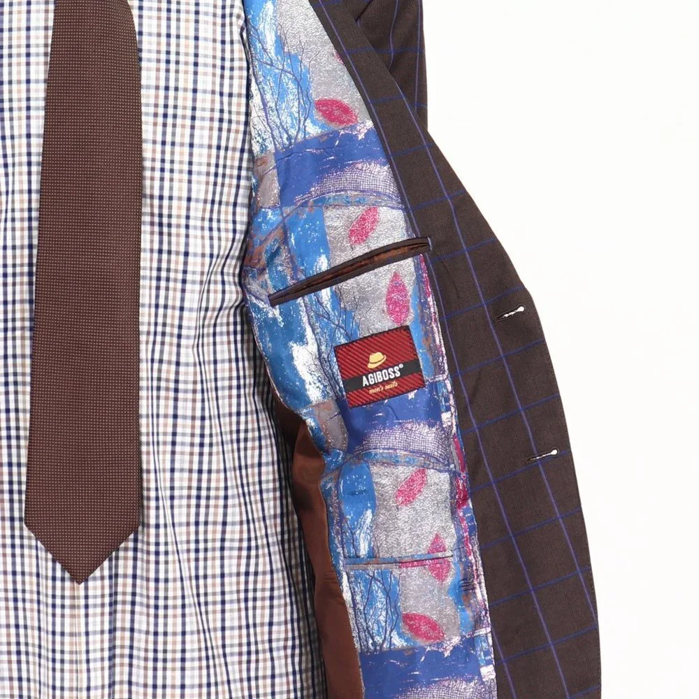 Agiboss 44R Brown Check 2-Button Sport Coat Blazer Jacket G086